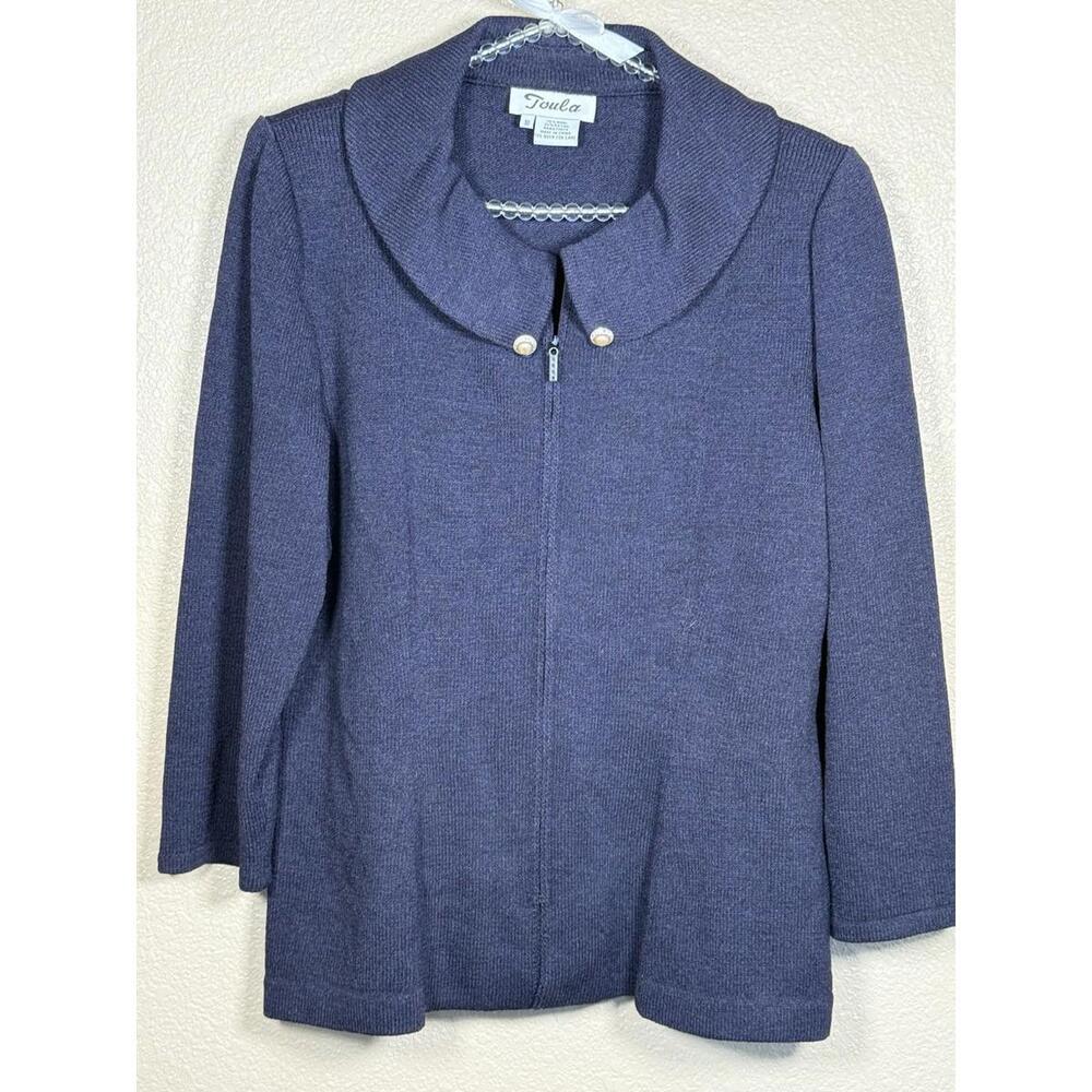 Toula 2pc Jacket And Skirt Size 10 Women Navy Blue Knit Quiet Luxury Old Money